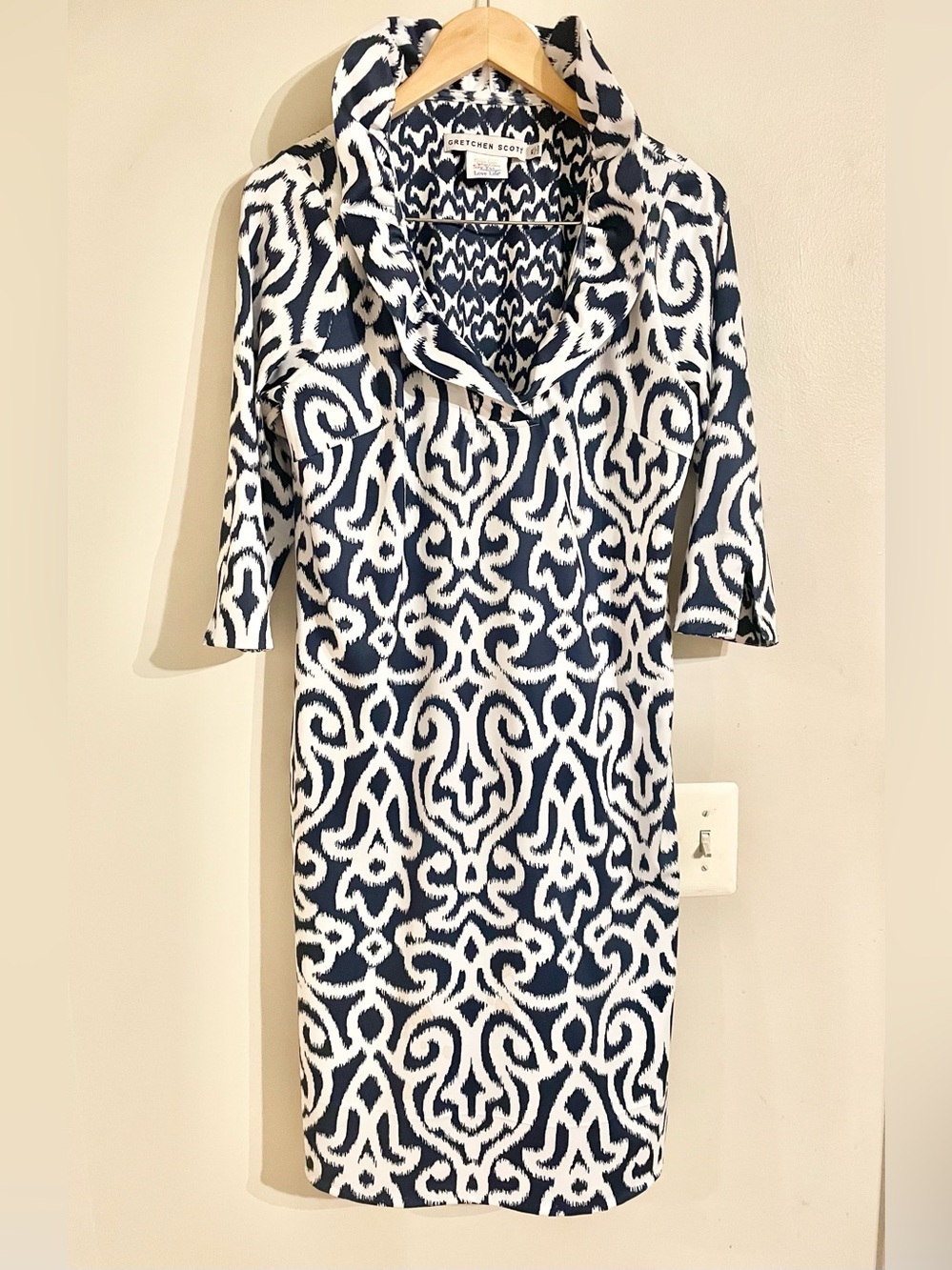 Gretchen Scott Designs Navy and White Printed Cowl Neck Dress - Picture 2 of 11